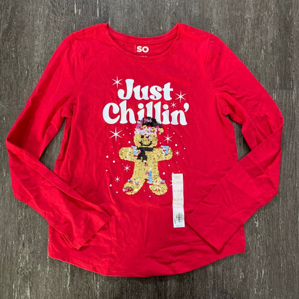 SO Kids Girls XL 14 16 Red Just Chillin Gingerbread Sequin Long Sleeve